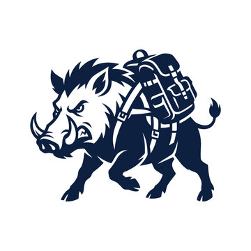 Aggressive wild boar mascot carrying a hiking backpack.