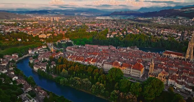 Aerial view over the city of Bern the capital city of Switzerland the historic district from above. Bern old town. The historic buildings in the city center