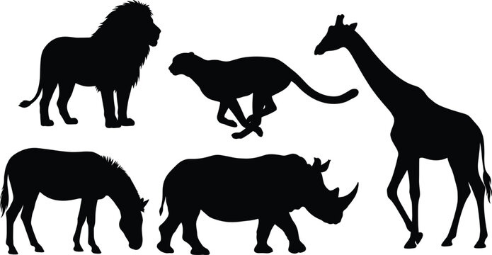 African safari wildlife silhouette collection featuring lion standing tall giraffe running cheetah grazing zebra and rhinoceros isolated on white background