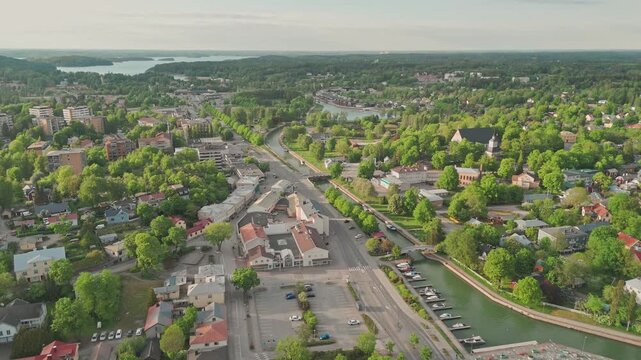 Summer aerial drone footage of Parainen Pargas town in Southwest Finland