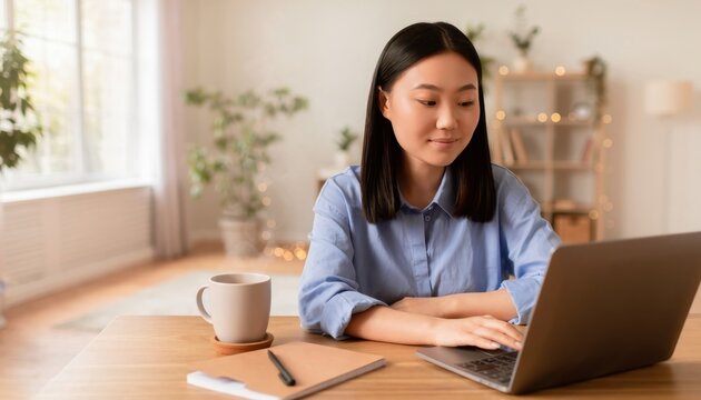 Young Asian Woman Working on Laptop at Home During Daylight with Coffee