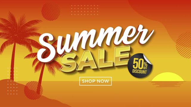Vibrant Summer Sale promotional animation with sunset beach background, palm trees, and 50% discount sticker