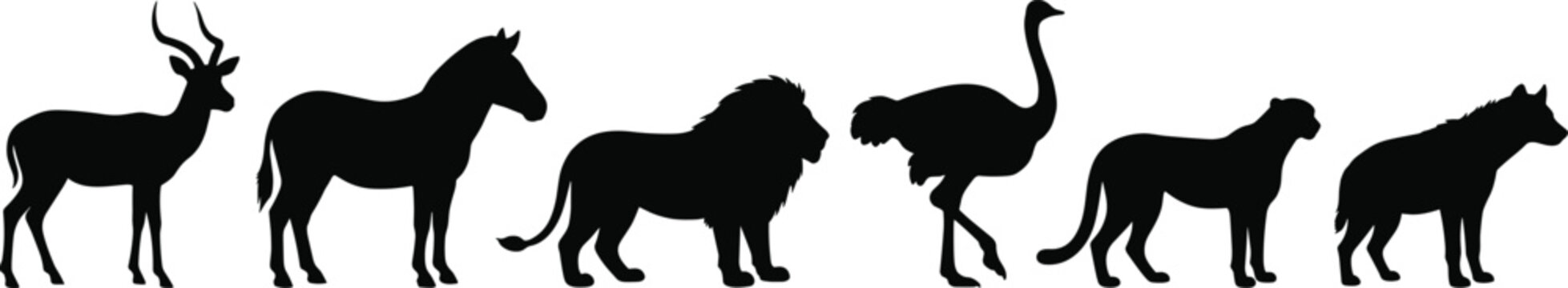 African safari wildlife silhouette collection featuring antelope zebra lion ostrich cheetah and hyena isolated on white background