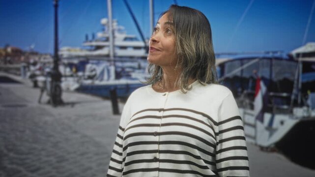 Woman looks up toward yachts and marina boats, showing a relaxed face and bare neck while wearing a striped sweater on a sunlit street; serenity.