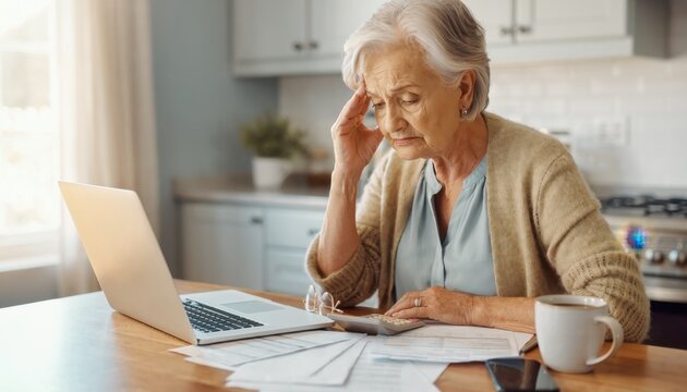 Elderly woman experiencing frustration while working on computer at kitchen table