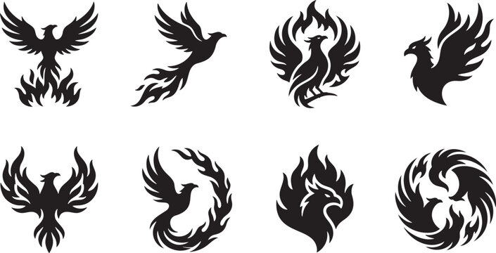 Black silhouette collection of flaming phoenix bird symbols in artistic circular fire and swirling flame shapes