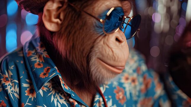 Monkey wearing sunglasses and straw hat, in Hawaiian shirt, looking cool