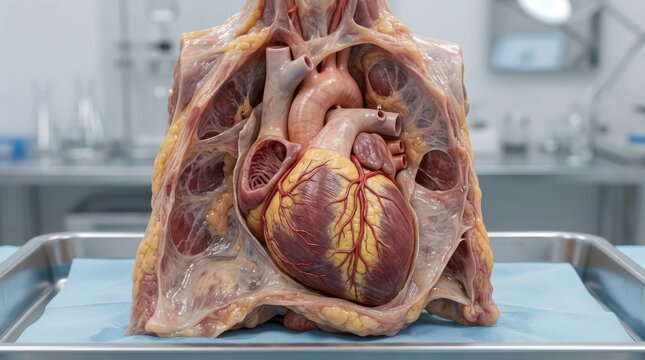 Human heart anatomy inside soft organic tissue for a professional medical concept and scientific biology study. This high-tech