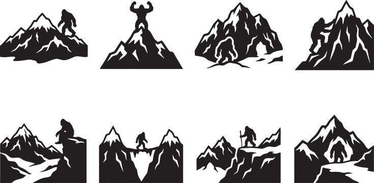 Black silhouette collection of legendary bigfoot sasquatch monster walking through pine forest landscapes and mountain ranges