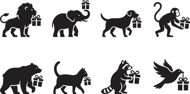 Black silhouette collection of cute cartoon animals carrying gift boxes and presents for holiday celebrations