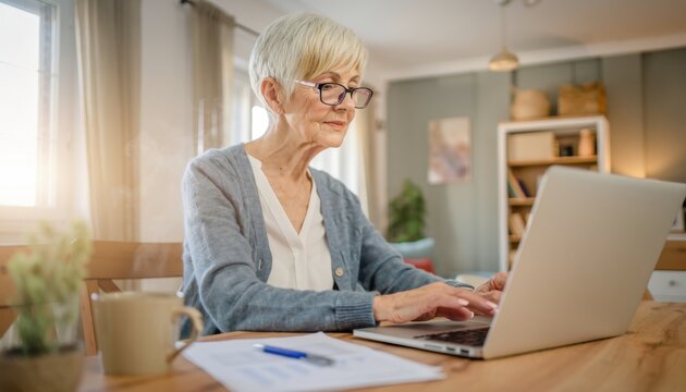 Elderly woman working on laptop at home with glasses in cozy living room setting