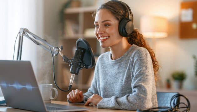 Young woman recording podcast at home with headphones and microphone