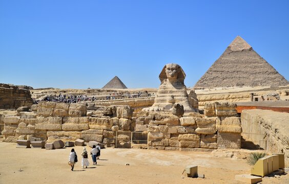 The Great Sphinx of Giza is a sphinx statue located in the Giza pyramids area in Cairo,the capital of Egypt.It is the largest single-stone statue in the world, measuring 73.5 meters long and 20 meters