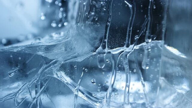 Slow motion macro shot of melting ice and dripping water on glass surface in cool studio close up with controlled lighting and reflective textures