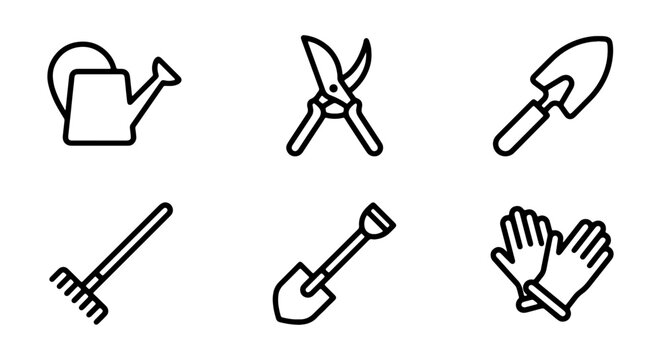 Gardening Tools Icons Set, Vector Outline Illustrations for Horticulture and Yard Work