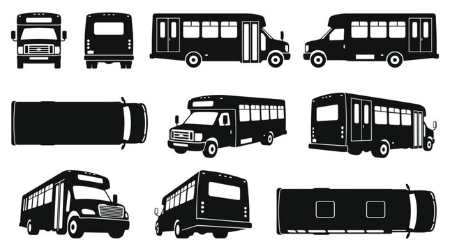 Mini School Bus Silhouette Set &mdash; Multiple Views Front, Side, Rear, Top, Perspective Black Vector Icons