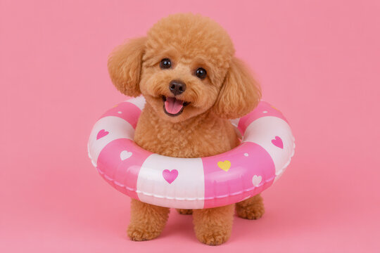 A small dog with curly fur stands in front of a pink background. The dog smiles while wearing a float ring with hearts. This scene shows fun and joy during a playful time.