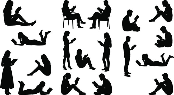Silhouette collection of people reading books in various poses including sitting standing and lying down isolated on white background