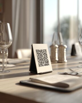 Restaurant table setting with QR code for contactless ordering