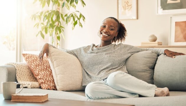 Happy Woman Relaxing On Sofa At Home Feeling Comfortable and Content