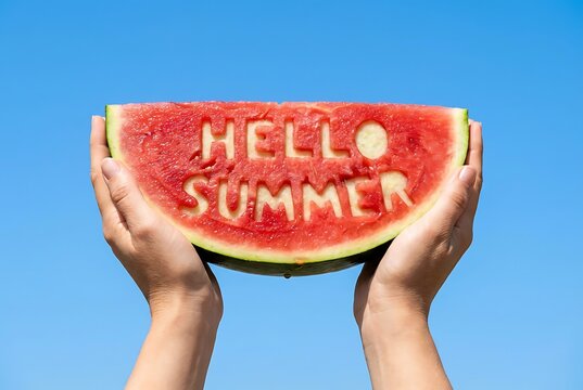 Hands hold juicy watermelon slice with hello summer carved into flesh against clear blue sky bright sunny day refreshing fruit treat for vacation.