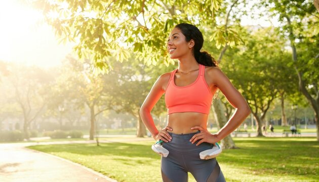 Fit woman in athletic wear enjoying outdoors in a sunny park setting
