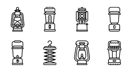 Camping Lantern Icons Set, Vintage and Modern Lighting Equipment, Outdoor Adventure Gear Collection © Nusrat