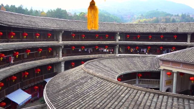 Traditional Fujian Tulou Courtyard with Red Lanterns in China in Fujian, China