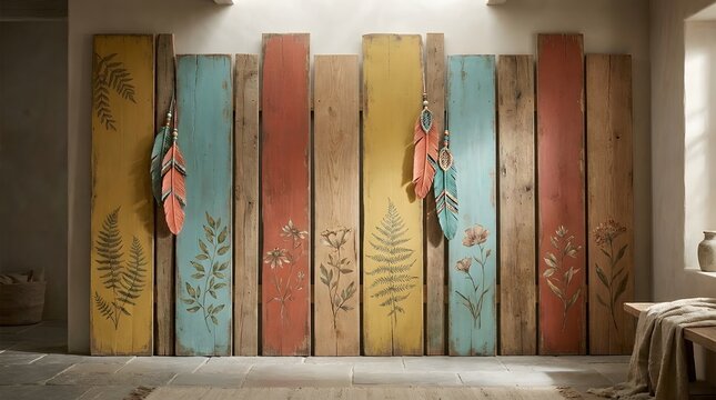 Rustic colorful wooden panels with botanical prints and hanging decorative feathers