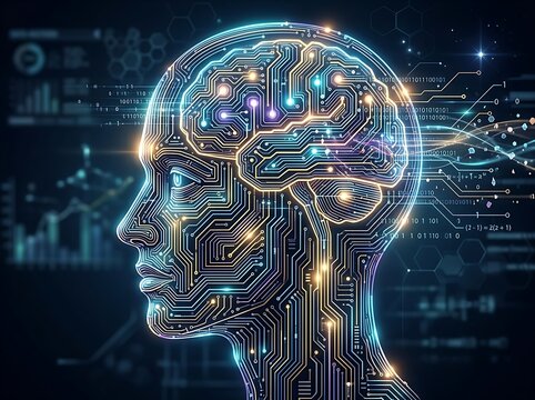 Futuristic human head with digital brain circuit design