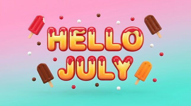 Vibrant 3d artwork showcasing melting popsicles and scattered candy balls surrounding bold bubbly letters that spell out hello july against pastel gradient backdrop.