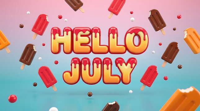 Dynamic 3d composition featuring many melting popsicles and small candy balls with text hello july in glossy bubbly letters on a softly colored pink to blue gradient background.