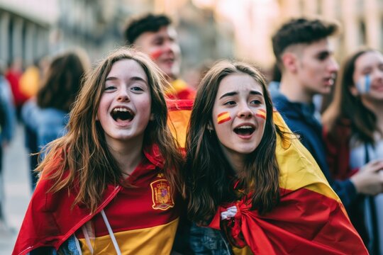 Young Spanish football fans celebrating in city square, modern fashion, social media generation, football culture