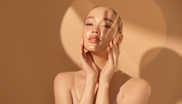 Beautiful woman with glowing skin touching face under warm sunlight and shadows