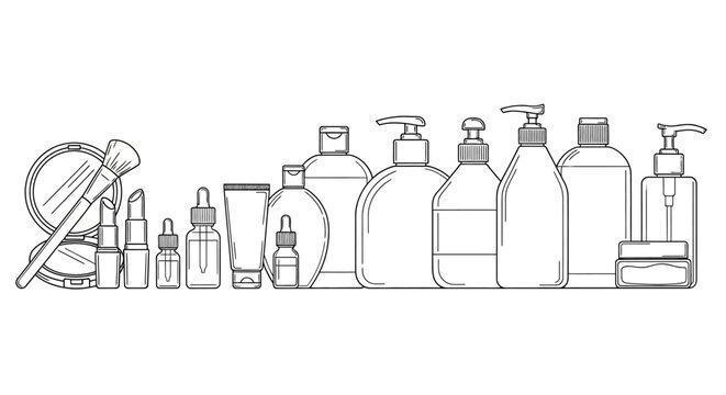 Line drawing of various beauty and skincare products, cosmetics concept, illustration