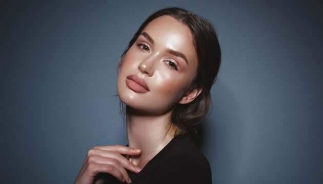 Portrait of Young Woman with Makeup Hairstyle and Fashion Black Clothing