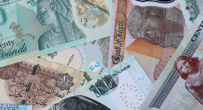 Egyptian pound money bills in pile on table. Egypt EGP currency cash close up