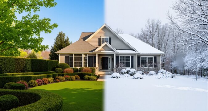 split photo with house divided in half--on the left is a summer with manicured landscaping. On the right is winter with snow
