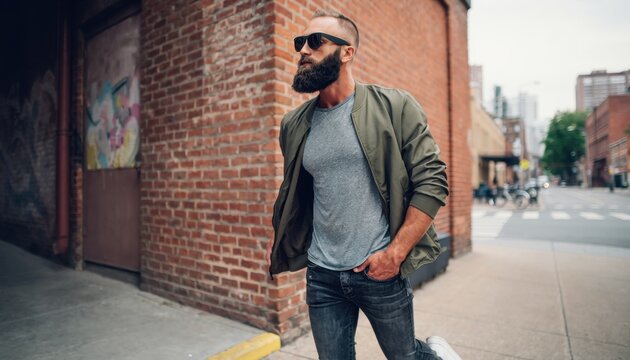 Man Wearing Sunglasses and Casual Clothes Walking Along City Sidewalk