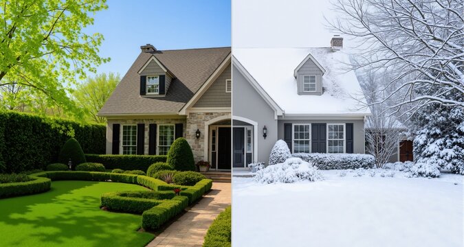 split photo with house divided in half--on the left is a summer with manicured landscaping. On the right is winter with snow
