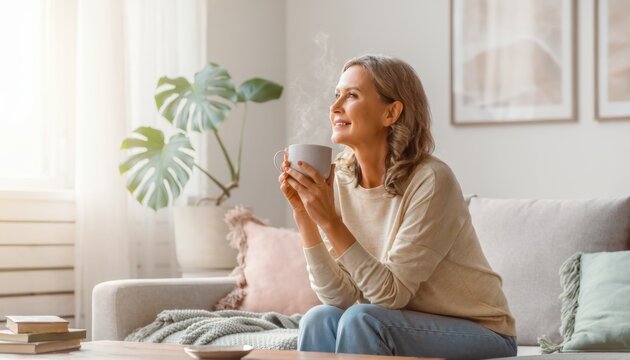 Mature woman sitting comfortably on sofa enjoying a warm drink in cozy living room