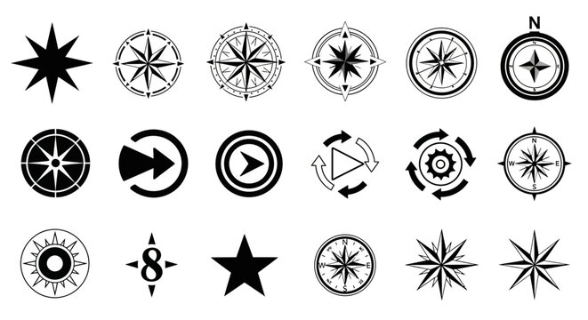 Black navigation compass icons set, directional symbols collection, navigation background
