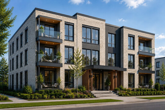 Modern Apartment Building with Light Clinker Brick Facade and Glass Balconies. Contemporary three story apartment building featuring a light clinker brick facade, black window frames.