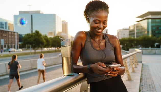 Young Black Woman Using Smartphone Near City Waterfront During Sunset