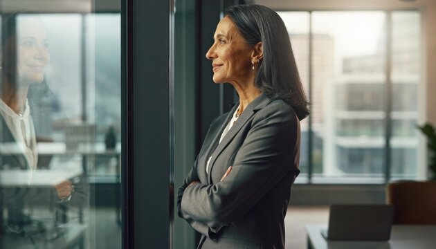 Confident Businesswoman Standing by Window in Modern Office Building