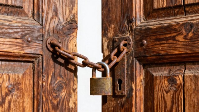 Wooden door with chain and padlock