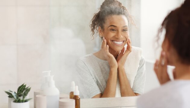 Smiling woman with curly hair looking at her reflection in a vanity mirror
