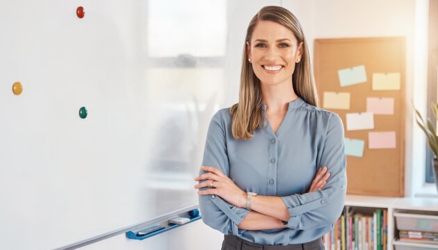 Professional Woman Smiling Confidently in Office Environment with Whiteboard