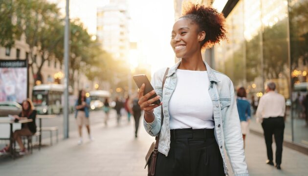 Smiling young woman walking in urban city street holding smartphone in hand