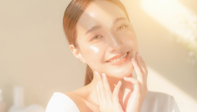 Smiling young woman with clear skin touching face in bright natural light